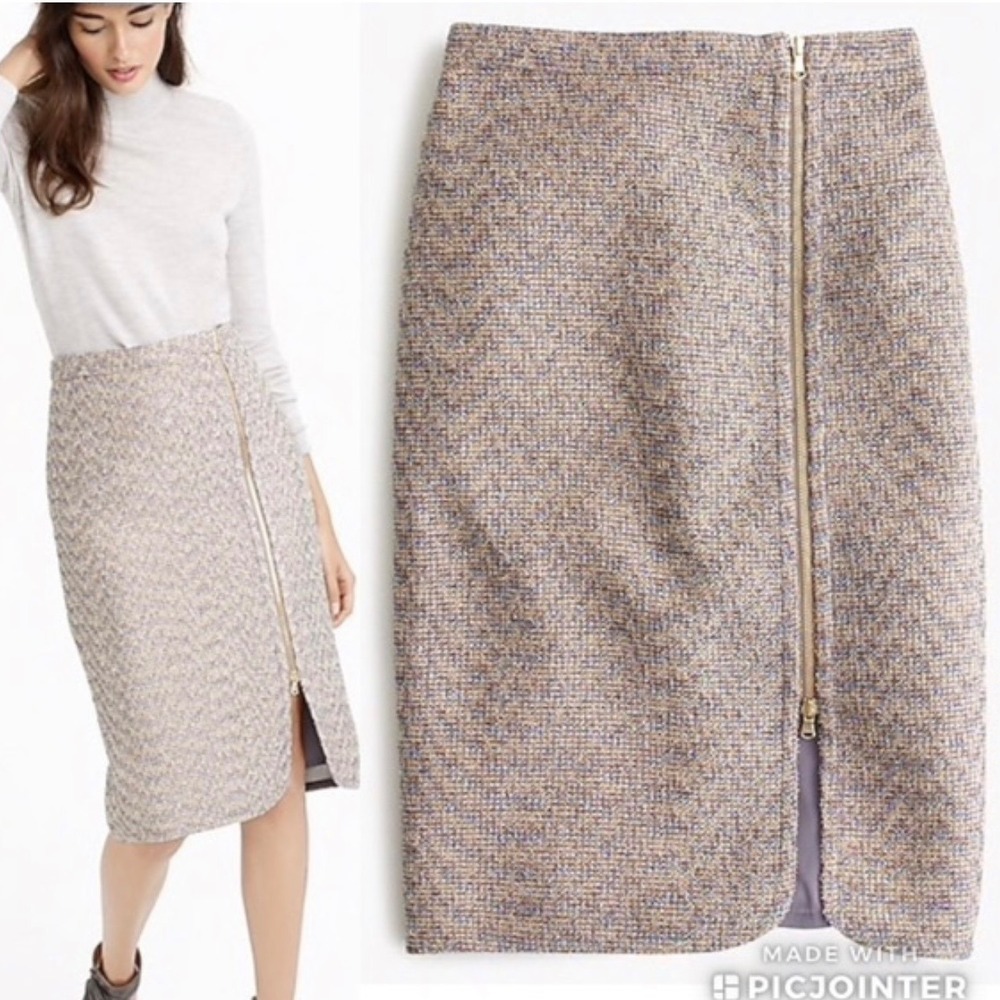 J.Crew Tweed Pencil Skirt Metallic Zip Front Slit Women Sheath Office